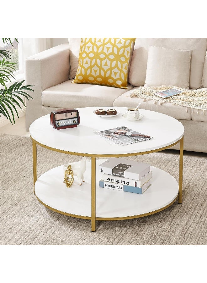 Hometaste Contemporary Elegance: 2-Tier Round Coffee Table With Storage White Tabletop And Gold Metal Frame - Stylish Wood Coffee Table For Modern Living Rooms Marble