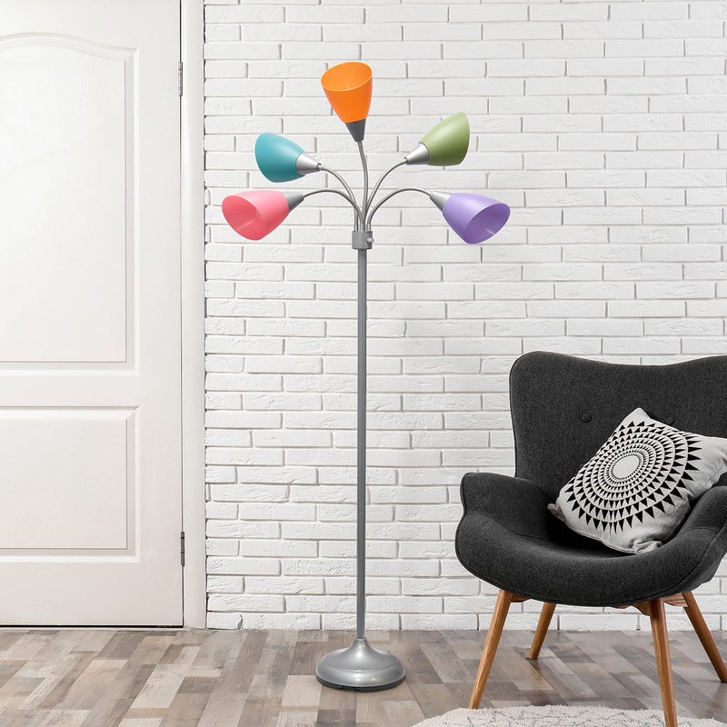 Simple Designs LF2006-SLM 67" Contemporary Multi Head Medusa 5 Light Adjustable Gooseneck Silver Floor Lamp with Fun Light Multicolored Shades for Kids Bedroom Playroom Living Room Office - Image 4
