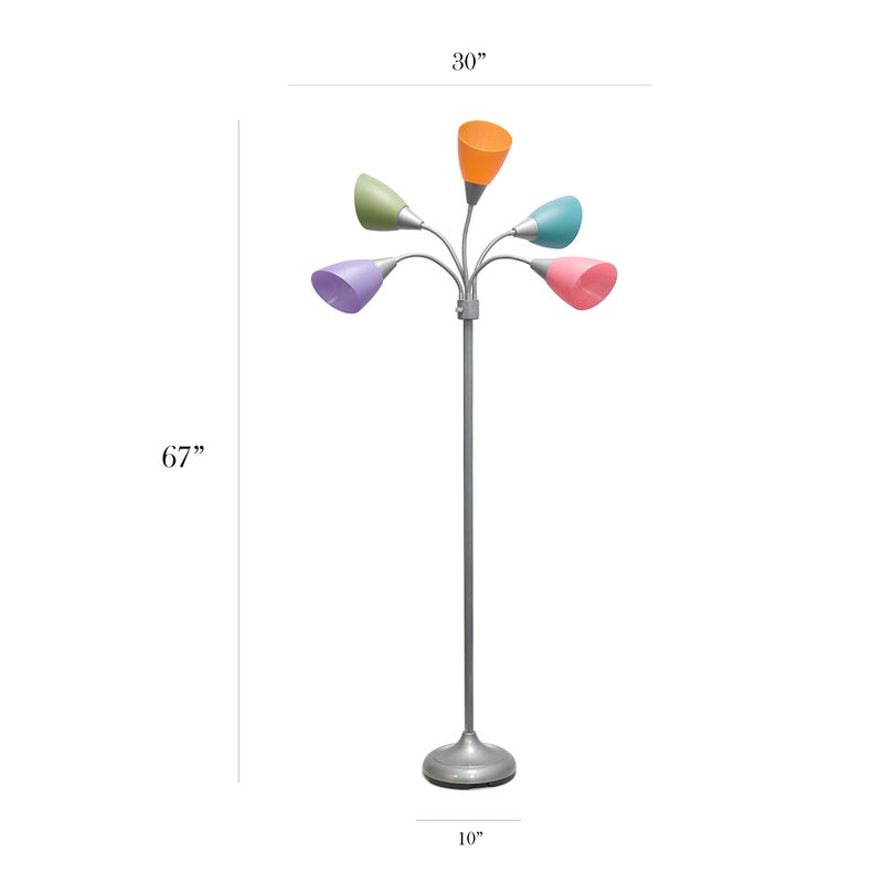Simple Designs LF2006-SLM 67" Contemporary Multi Head Medusa 5 Light Adjustable Gooseneck Silver Floor Lamp with Fun Light Multicolored Shades for Kids Bedroom Playroom Living Room Office - Image 5