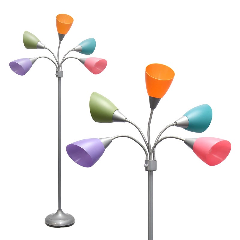 Simple Designs LF2006-SLM 67" Contemporary Multi Head Medusa 5 Light Adjustable Gooseneck Silver Floor Lamp with Fun Light Multicolored Shades for Kids Bedroom Playroom Living Room Office - Image 1