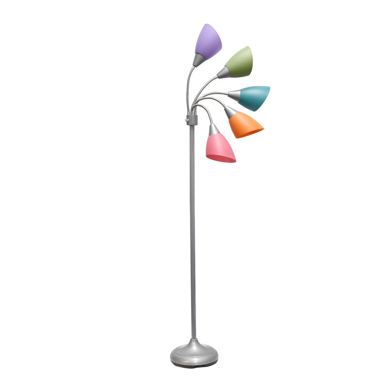 Simple Designs LF2006-SLM 67" Contemporary Multi Head Medusa 5 Light Adjustable Gooseneck Silver Floor Lamp with Fun Light Multicolored Shades for Kids Bedroom Playroom Living Room Office - Image 2