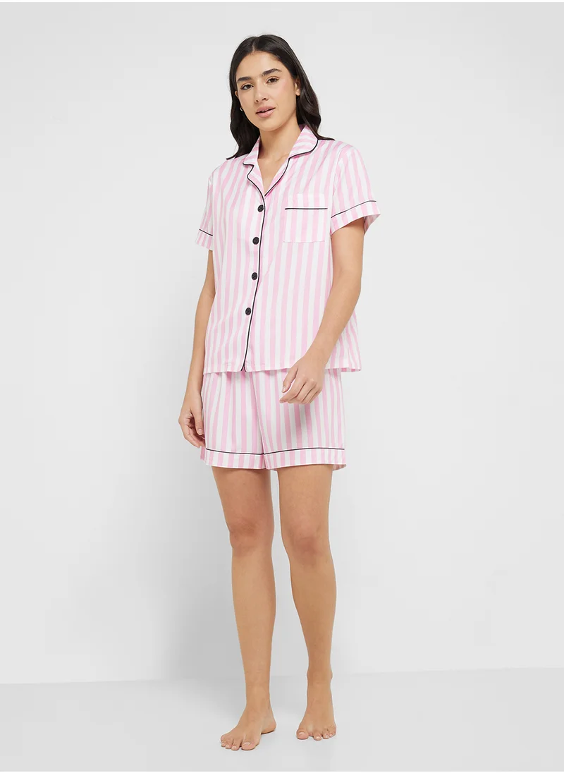 جينجر Stripe Button Down Shirt & Short Pj Set