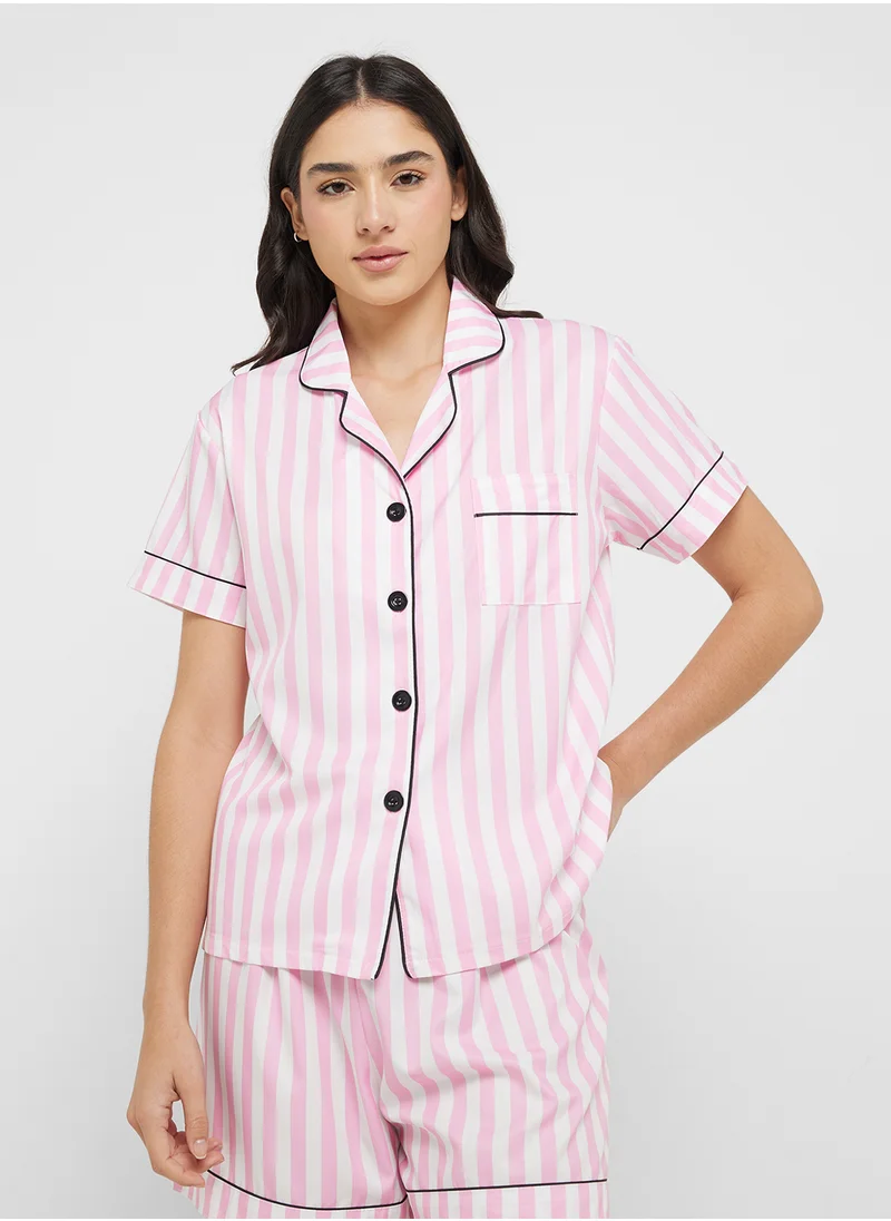 جينجر Stripe Button Down Shirt & Short Pj Set