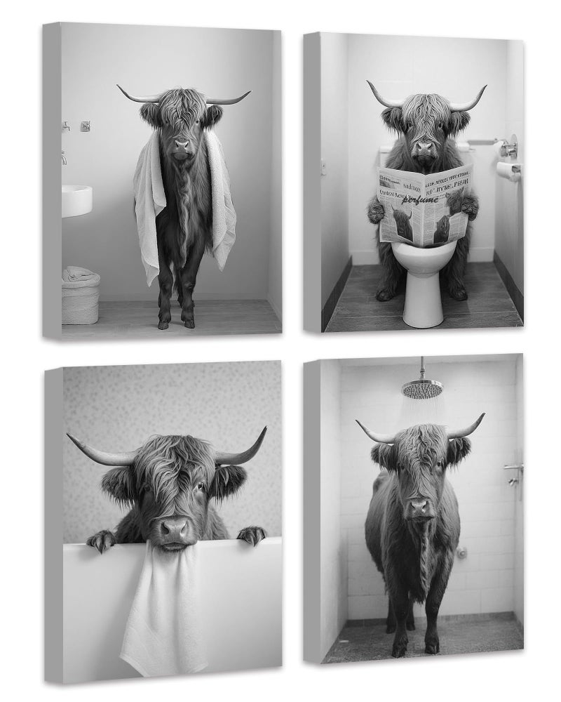 Drsoum Funny Highland Cow Bathroom Wall Art Framed Black and White Rustic Cute Canvas Prints for Restroom Decor 8x10inx4pcs (Framed) - Image 1