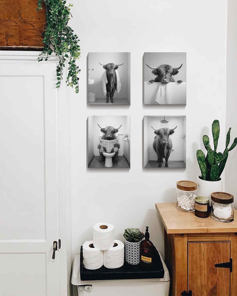 Drsoum Funny Highland Cow Bathroom Wall Art Framed Black and White Rustic Cute Canvas Prints for Restroom Decor 8x10inx4pcs (Framed) - Image 2