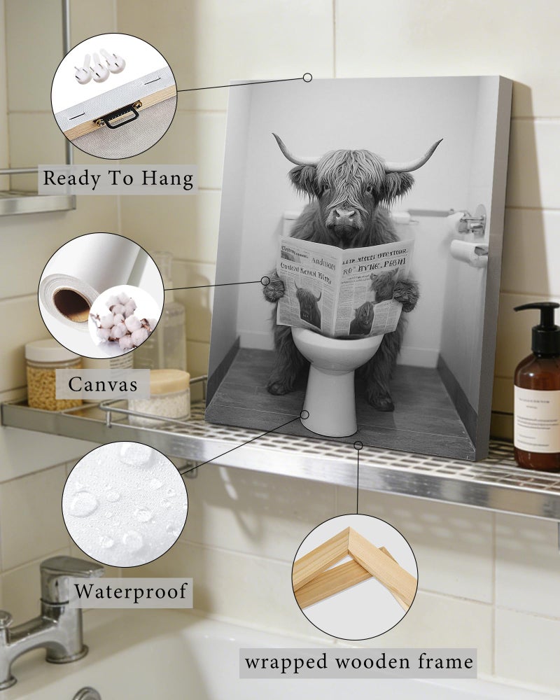 Drsoum Funny Highland Cow Bathroom Wall Art Framed Black and White Rustic Cute Canvas Prints for Restroom Decor 8x10inx4pcs (Framed) - Image 3