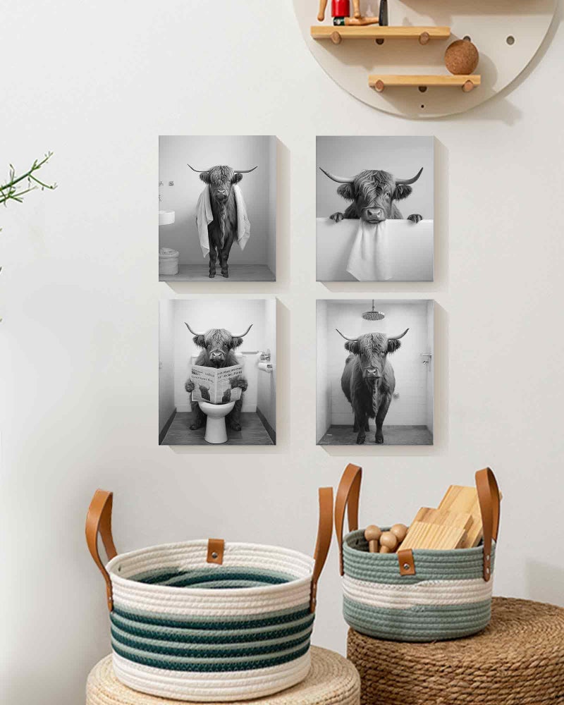 Drsoum Funny Highland Cow Bathroom Wall Art Framed Black and White Rustic Cute Canvas Prints for Restroom Decor 8x10inx4pcs (Framed) - Image 5
