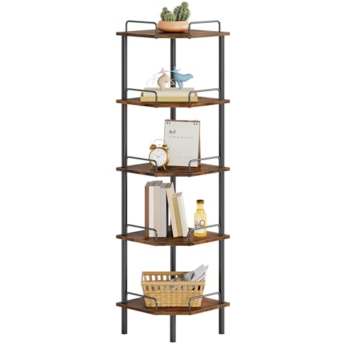 Tajsoon Corner Shelf Stand 5 Tier Industrial Corner Shelves Multipurpose Standing Display Shelf Corner Shelving Unit for Bedroom Living Room Office Kitchen Rustic Brown - Image 1