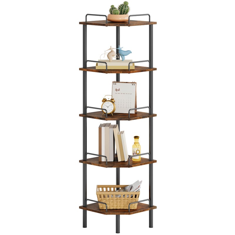Tajsoon Corner Shelf Stand 5 Tier Industrial Corner Shelves Multipurpose Standing Display Shelf Corner Shelving Unit for Bedroom Living Room Office Kitchen Rustic Brown - Image 2