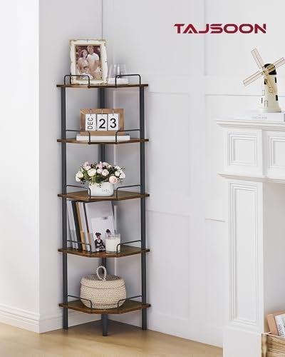 Tajsoon Corner Shelf Stand 5 Tier Industrial Corner Shelves Multipurpose Standing Display Shelf Corner Shelving Unit for Bedroom Living Room Office Kitchen Rustic Brown - Image 3