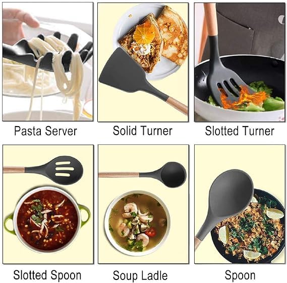 PARYAVARAN PARYAVARAN 11Pcs NonStick Silicone Spatula Set for Kitchen with Wooden Handle Cookware Utensil Tong Whisk Ladle Basting Brush Slotted Turner Spoon Pasta Server  - Image 5