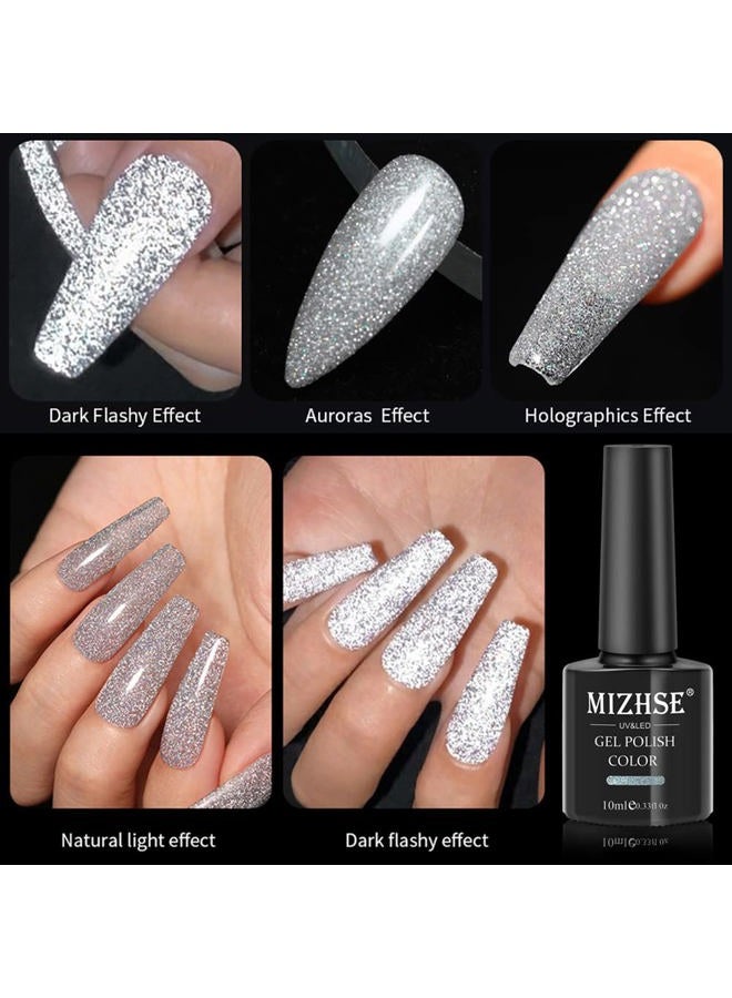 MIZHSE Reflective Glitter Gel Nail Polish, Silver Nail Gel Sparkly Shiny Gel Polish, Soak Off Nail Art Salon Varnish for Beginners Manicure DIY at Home - Image 4
