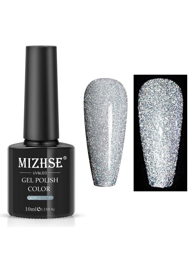 MIZHSE Reflective Glitter Gel Nail Polish, Silver Nail Gel Sparkly Shiny Gel Polish, Soak Off Nail Art Salon Varnish for Beginners Manicure DIY at Home - Image 1
