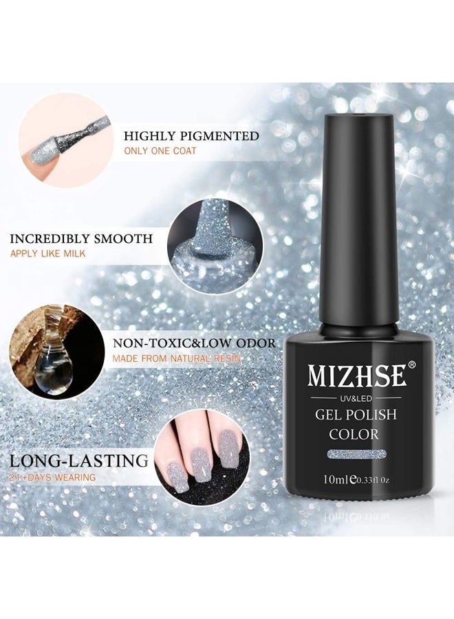 MIZHSE Reflective Glitter Gel Nail Polish, Silver Nail Gel Sparkly Shiny Gel Polish, Soak Off Nail Art Salon Varnish for Beginners Manicure DIY at Home - Image 5