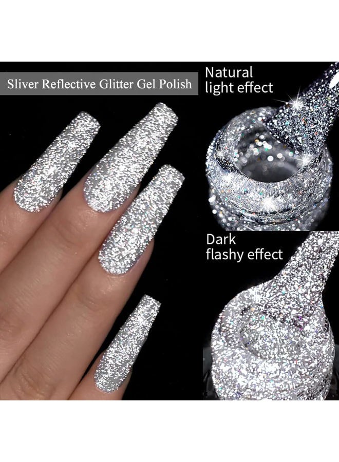 MIZHSE Reflective Glitter Gel Nail Polish, Silver Nail Gel Sparkly Shiny Gel Polish, Soak Off Nail Art Salon Varnish for Beginners Manicure DIY at Home - Image 2