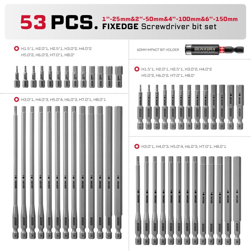 Geinxurn 53Pieces Fixedge Screwdriver bit Set,1"/2"/4"/6" Mixed Hex Magnetic Alloy Steel Insert Power Bits Tips with Impact Bit Holder Stored in Storage Organizer for Home Repair - Image 2