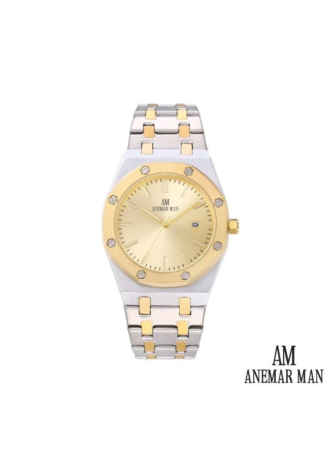 ANEMAR MAN High-quality, water-resistant men's stainless steel wristwatch with a silver and gold strap and gold dial.