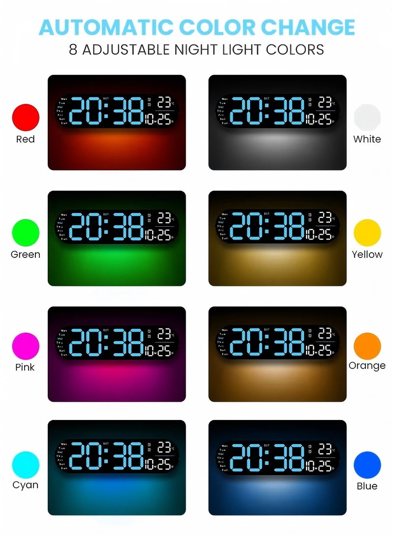 يي تشوان ساعة رقمية LED، ساعة حائط رقمية مع جهاز تحكم عن بعد، أضواء جو RGB مع 8 ألوان إضاءة ليلية قابلة للتعديل، منبهات مزدوجة، درجة حرارة الغرفة - Image 3