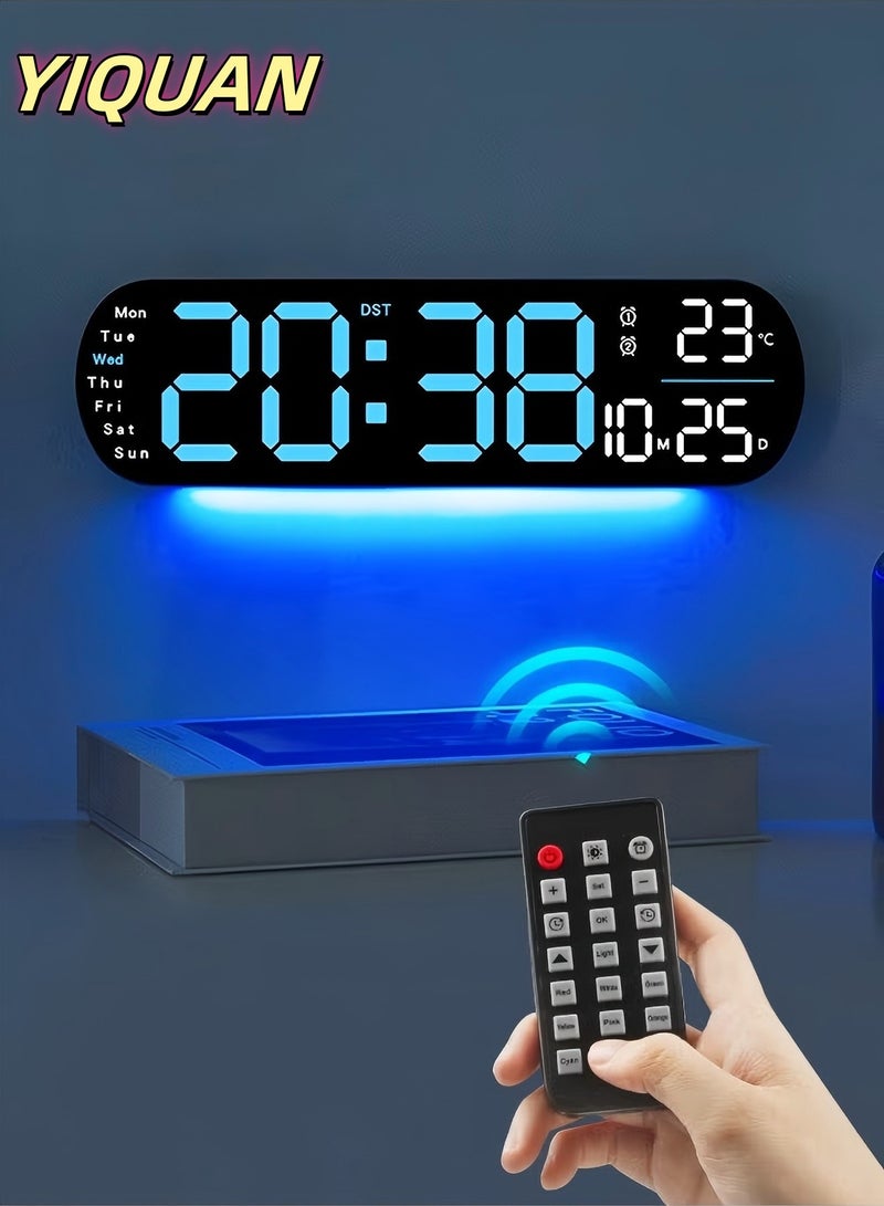 يي تشوان ساعة رقمية LED، ساعة حائط رقمية مع جهاز تحكم عن بعد، أضواء جو RGB مع 8 ألوان إضاءة ليلية قابلة للتعديل، منبهات مزدوجة، درجة حرارة الغرفة - Image 1