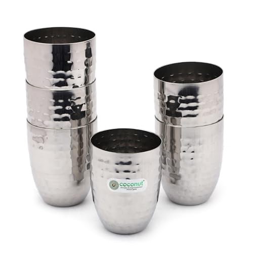 coconut Stainless Steel - Hammered Glass | for Home, Office & Restaurant Drinkware, Serving for Tea, Coffee, Lassi, Chaas, Water, Juice & Lemonade Pack of 6 (250ml Each) - Image 2