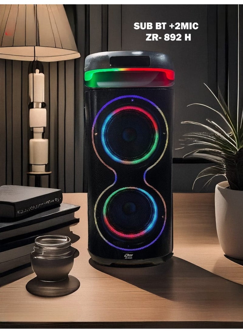 مكبر صوت مدمج مزود ببطارية و تقنية البلوتوث - منفذ بطاقة ذاكرة - منفذ USB - منفذ ميكروفون - مع ميكروفون - مع إضاءة RGB موديل ZR-892H - أسود