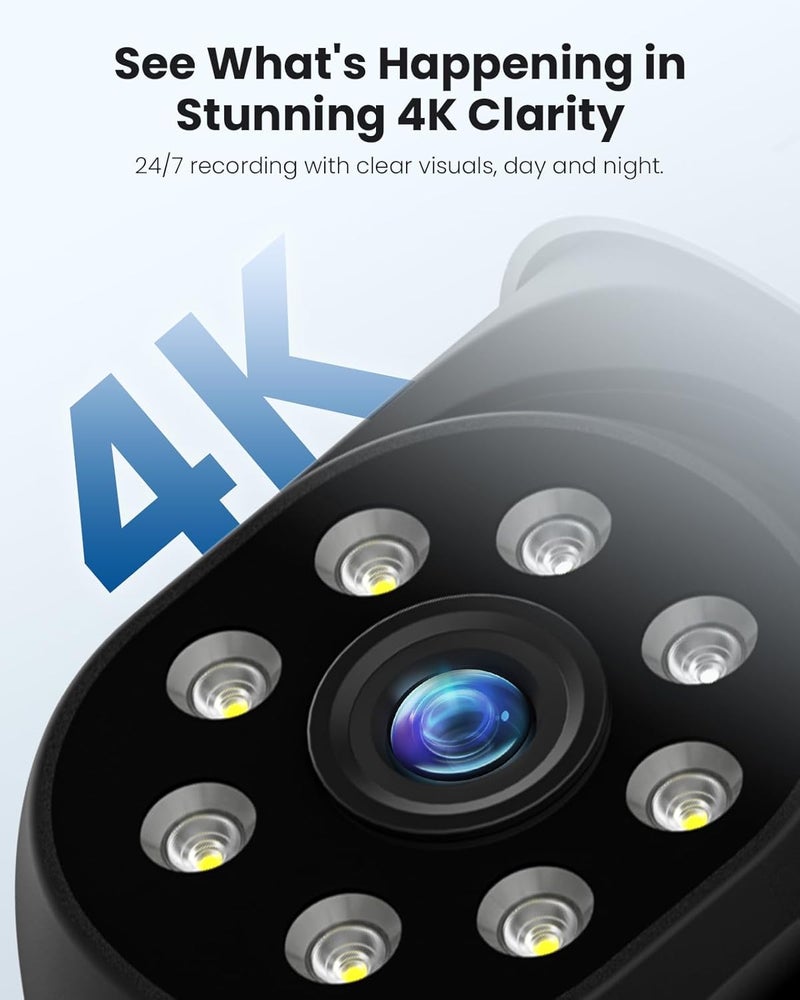 هايسيو كاميرا أمان 4K بدقة 8 ميجابكسل للاستخدام الخارجي، كاميرا أمان منزلية لاسلكية مزودة بميزة التحريك الأفقي والرأسي (Pan & Tilt)، تدعم تقنيات الواي فاي من الجيل الثاني (WiFi Pro 2.4/5GHz)، تتميز بالتتبع التلقائي للأهداف، ووظيفة الرؤية الليلية بالألوان، والاتصال الصوتي ثنائي الاتجاه، مقاومة للرطوبة والغبار (معيار IP66)، يمكن توصيلها بالكهرباء مباشرة دون الحاجة إلى اشتراك شهري. - Image 2