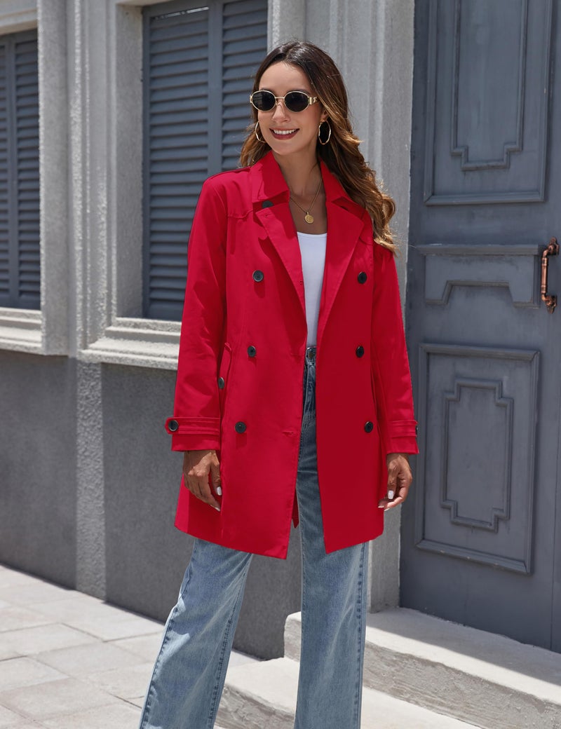wantdo Women's Waterproof Trench Coat Classic Lapel Outerwear Coat with Belt Red XX-Large - Image 3