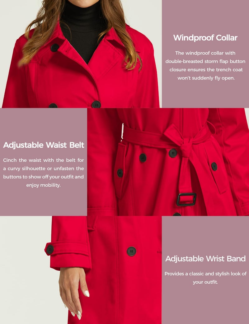 wantdo Women's Waterproof Trench Coat Classic Lapel Outerwear Coat with Belt Red XX-Large - Image 5