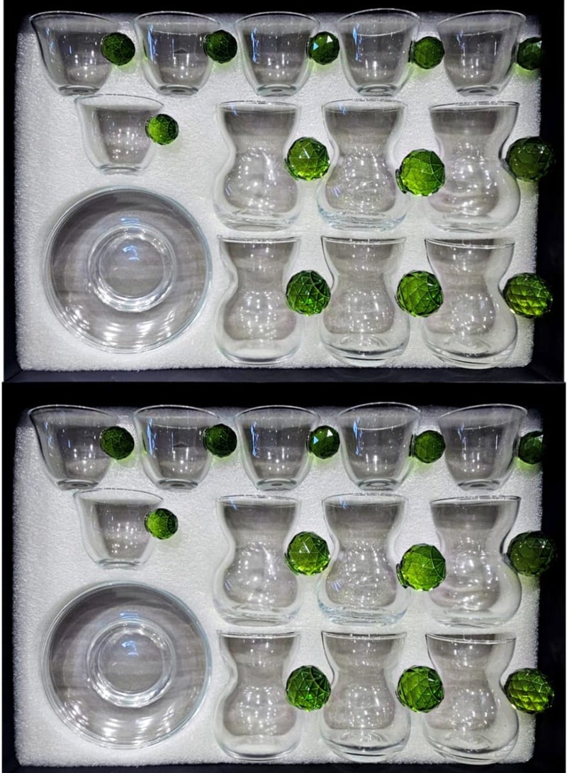 36-piece serving set, including clear crystal tea cups and coffee cups, plus a bright emerald green handle.  - Image 1