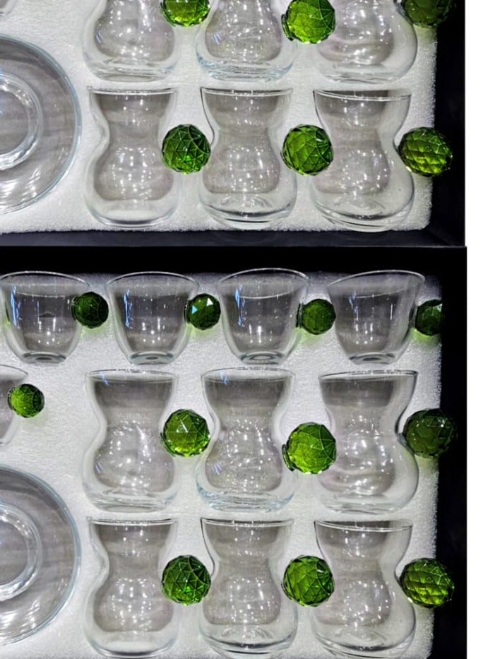 36-piece serving set, including clear crystal tea cups and coffee cups, plus a bright emerald green handle.  - Image 3