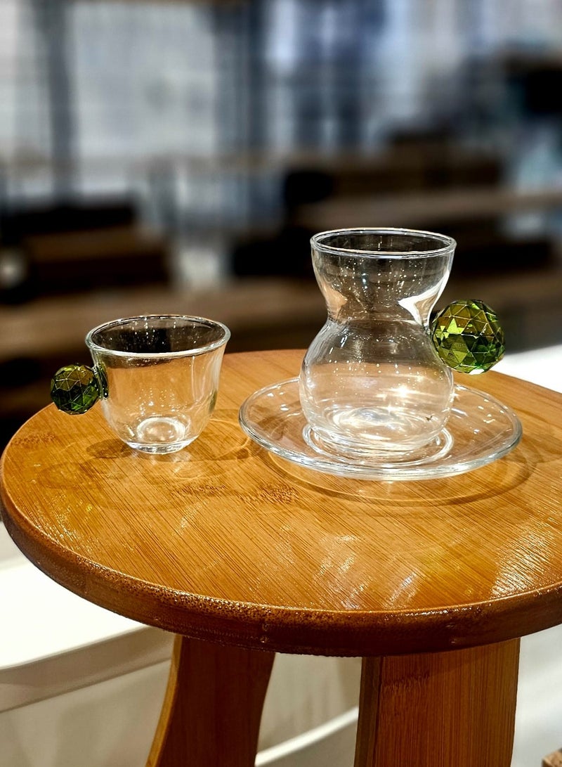 36-piece serving set, including clear crystal tea cups and coffee cups, plus a bright emerald green handle.  - Image 2
