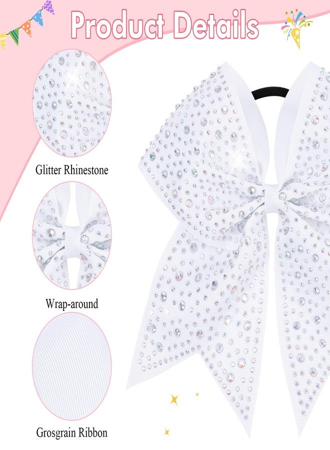 CN 10PCS Rhinestones Cheer Bows for Cheerleaders, White Glitter Hair Bows for Girls Large Elastic Ponytail Holder, Hair Accessories for Women Teens for Softball Competition School Spirit - Image 4