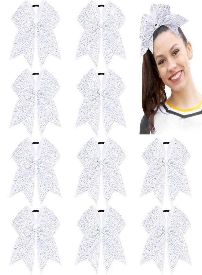 CN 10PCS Rhinestones Cheer Bows for Cheerleaders, White Glitter Hair Bows for Girls Large Elastic Ponytail Holder, Hair Accessories for Women Teens for Softball Competition School Spirit - Image 1