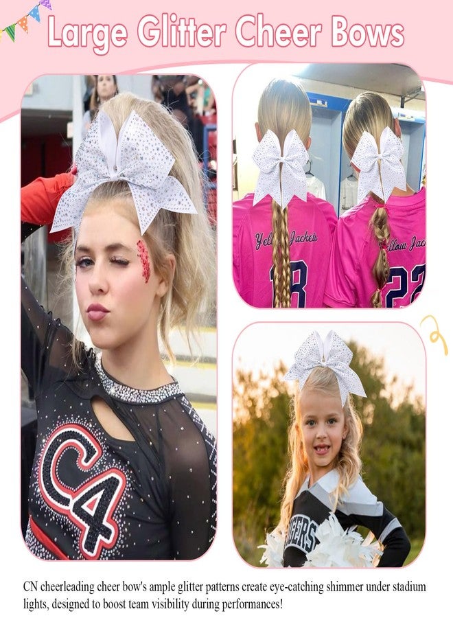CN 10PCS Rhinestones Cheer Bows for Cheerleaders, White Glitter Hair Bows for Girls Large Elastic Ponytail Holder, Hair Accessories for Women Teens for Softball Competition School Spirit - Image 5