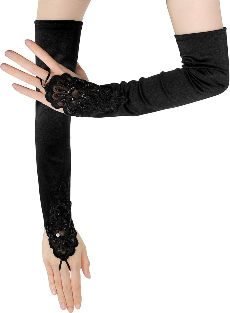 أوزيغالور قفازات نسائية سوداء من الساتان بدون أصابع بدون كوع للحفلات والأعراس - Image 3