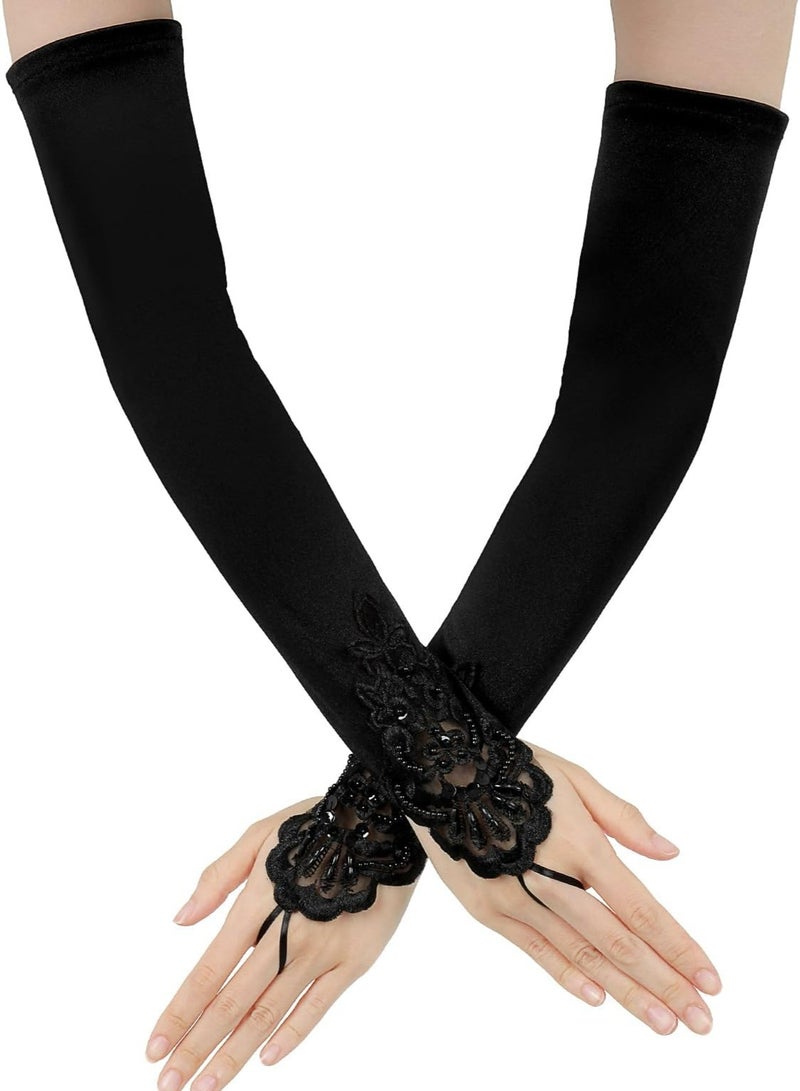 أوزيغالور قفازات نسائية سوداء من الساتان بدون أصابع بدون كوع للحفلات والأعراس - Image 1
