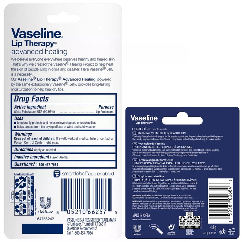 Vaseline Lip Therapy Advanced Healing Lip Balm Tube 12-Pack â€“ White Petroleum Lip Protectant, 0.25 Oz Ea - Image 2