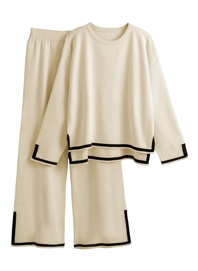Tanming Women's 2 Piece Outfits Long Sleeve Knit Sweater Top Wide Leg Pants Lounge Sets Tracksuits  - Image 1
