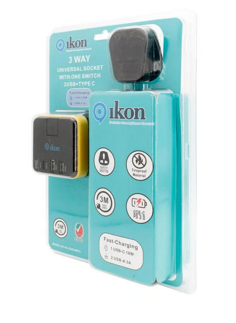 ikon 3 Way Universal Socket With 2 Usb A And 1 Usb C Ports 3 Mtr  - Image 5