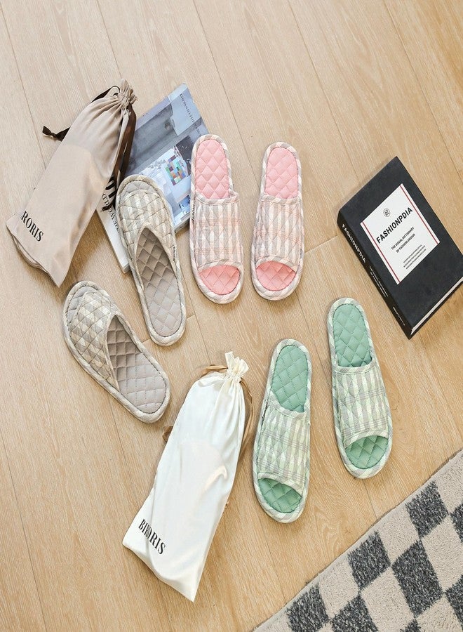 biroris 3 Pairs Floral Cotton House Slippers for Women, Open Toe Indoor Slippers Comfortable Washable Portable Foldable Guest Travel Hotel Airplane Spa Slippers, Closed-toe Light Stripes, 7-8.5 - Image 5
