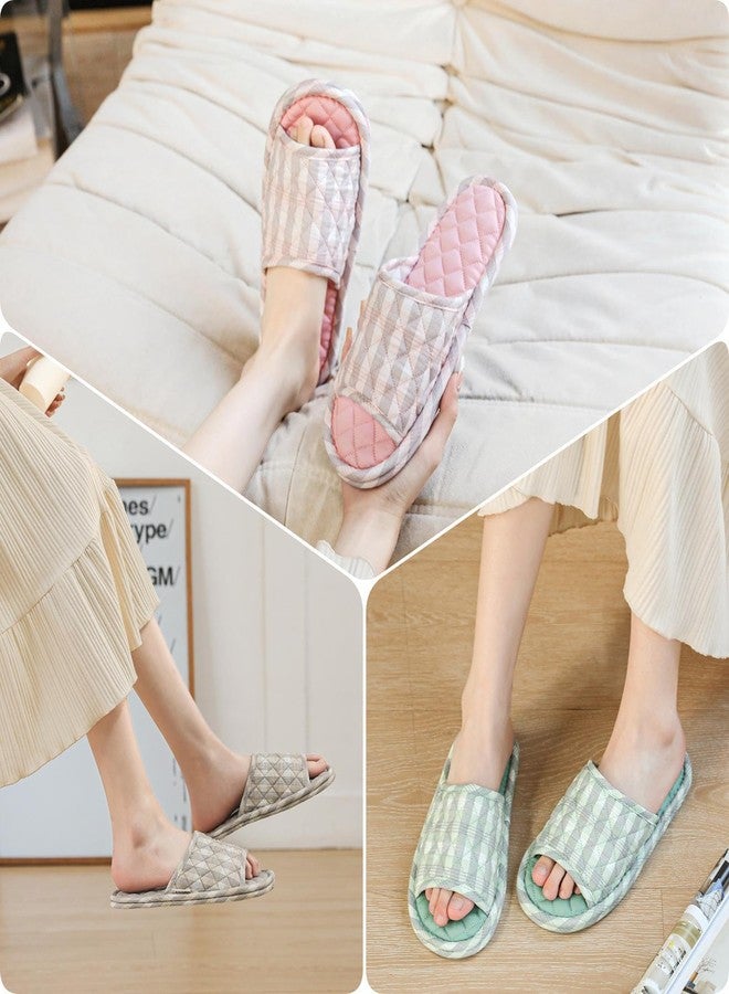 biroris 3 Pairs Floral Cotton House Slippers for Women, Open Toe Indoor Slippers Comfortable Washable Portable Foldable Guest Travel Hotel Airplane Spa Slippers, Closed-toe Light Stripes, 7-8.5 - Image 2