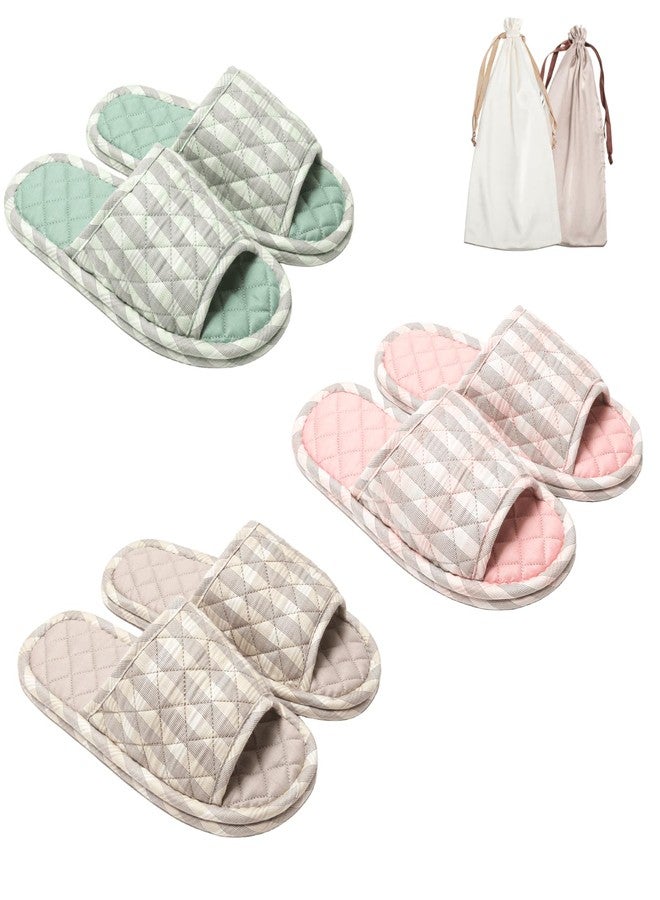 biroris 3 Pairs Floral Cotton House Slippers for Women, Open Toe Indoor Slippers Comfortable Washable Portable Foldable Guest Travel Hotel Airplane Spa Slippers, Closed-toe Light Stripes, 7-8.5 - Image 1