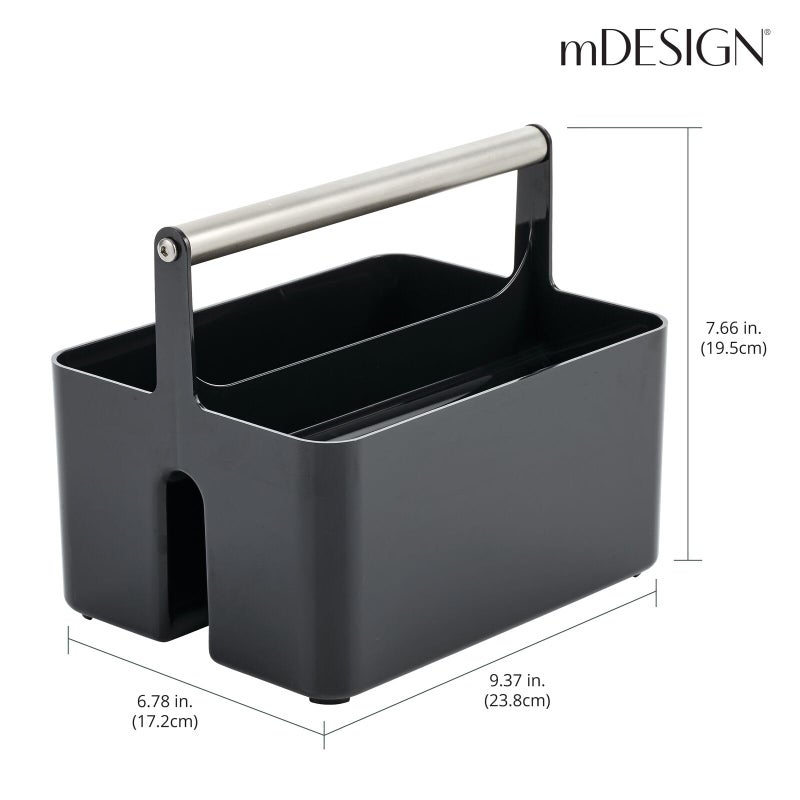 mDesign Plastic Shower Caddy Storage Organizer Utility Tote, Divided Basket Bin - Metal Handle for Bathroom, Dorm, Kitchen, Holds Soap, Shampoo, Conditioner - Aura Collection - Black/Brushed Chrome - Image 2