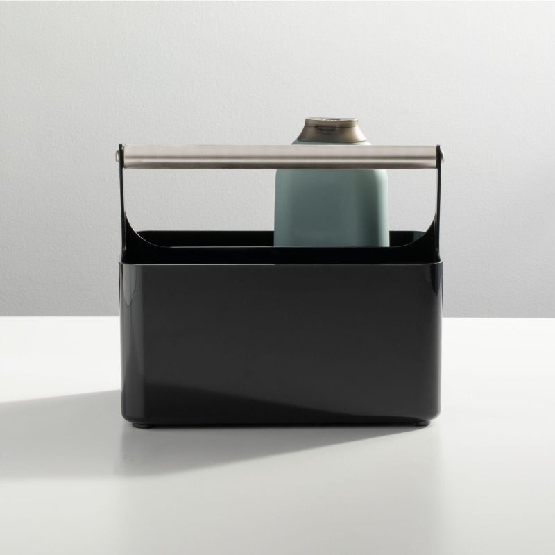 mDesign Plastic Shower Caddy Storage Organizer Utility Tote, Divided Basket Bin - Metal Handle for Bathroom, Dorm, Kitchen, Holds Soap, Shampoo, Conditioner - Aura Collection - Black/Brushed Chrome - Image 1