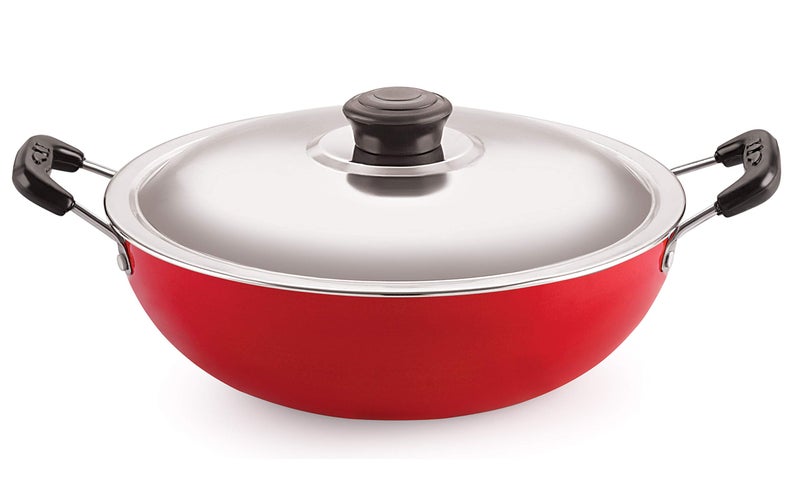 Nirlon Nonstick Aluminium Gas Compatible Deep Fry Kadai/Wok 22cm with Stainless Steel Lid, Capacity 2.2 Litre[3_mm_DKD(M)] - Image 1