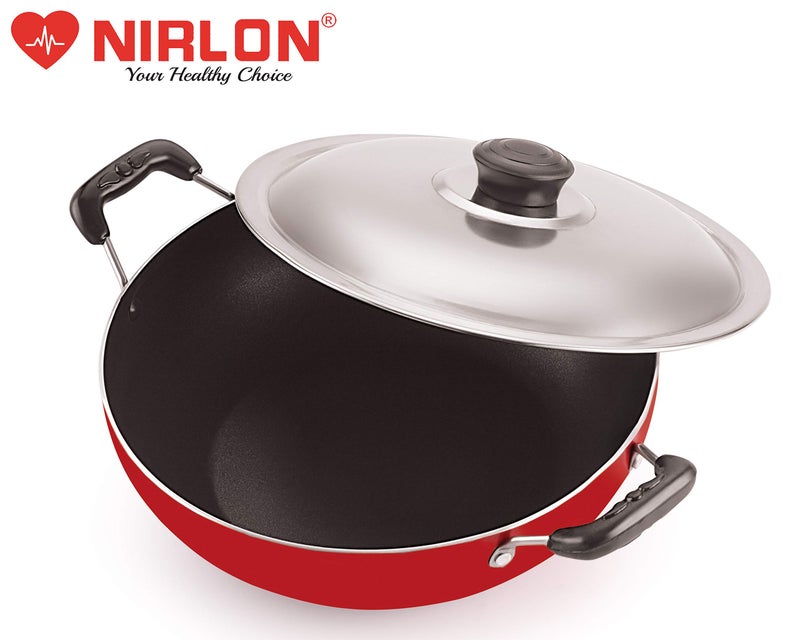 Nirlon Nonstick Aluminium Gas Compatible Deep Fry Kadai/Wok 22cm with Stainless Steel Lid, Capacity 2.2 Litre[3_mm_DKD(M)] - Image 2