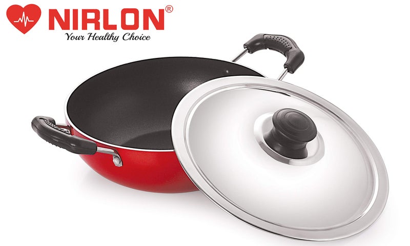Nirlon Nonstick Aluminium Gas Compatible Deep Fry Kadai/Wok 22cm with Stainless Steel Lid, Capacity 2.2 Litre[3_mm_DKD(M)] - Image 5