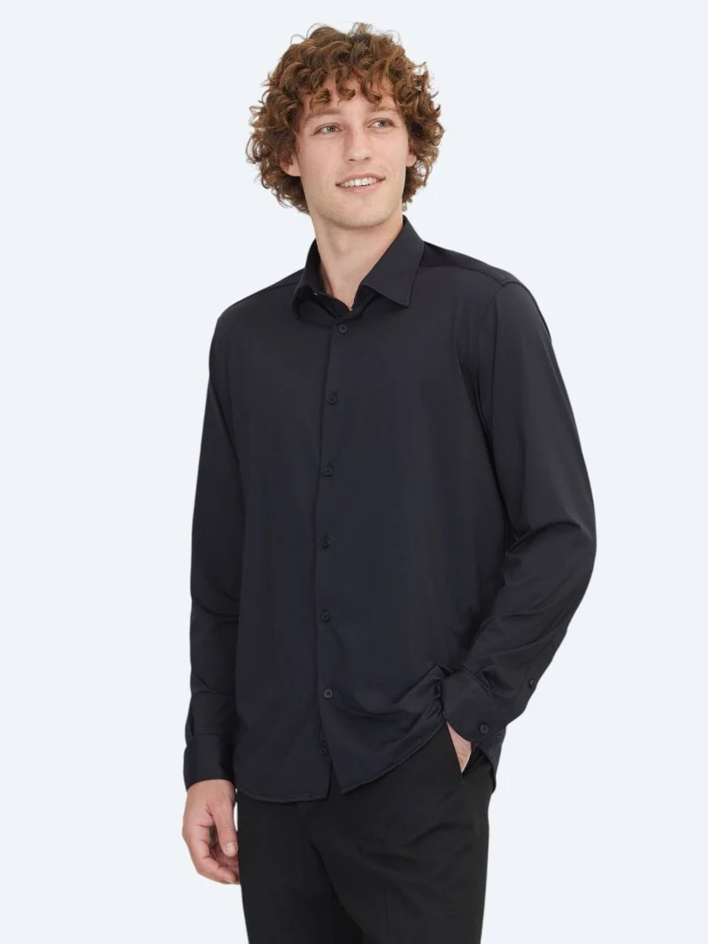 Kip Black Regular Fit Long Knitting Casual Shirt