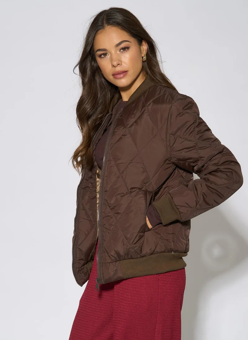 Gini London  Brown Rib Trim Puffer Bomber Jacket for Women | Best Price UAE