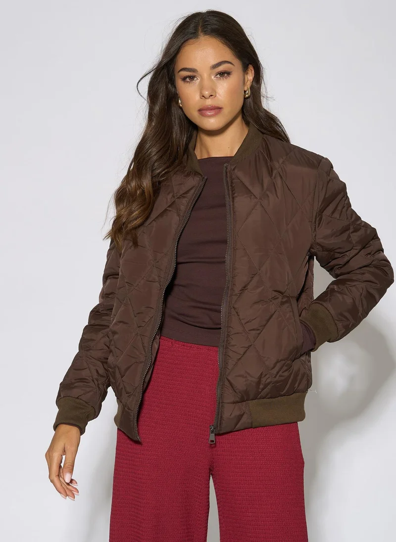 Brown Rib Trim Puffer Bomber Jacket